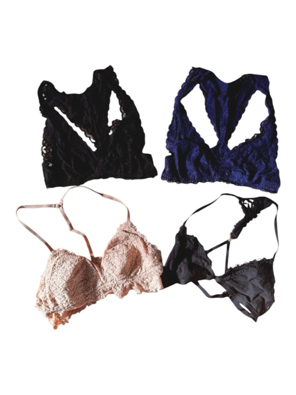 4 lace racerback bralettes, black/nude/navy, Sz XS (2 Aerie, 2 Victorias Secret)